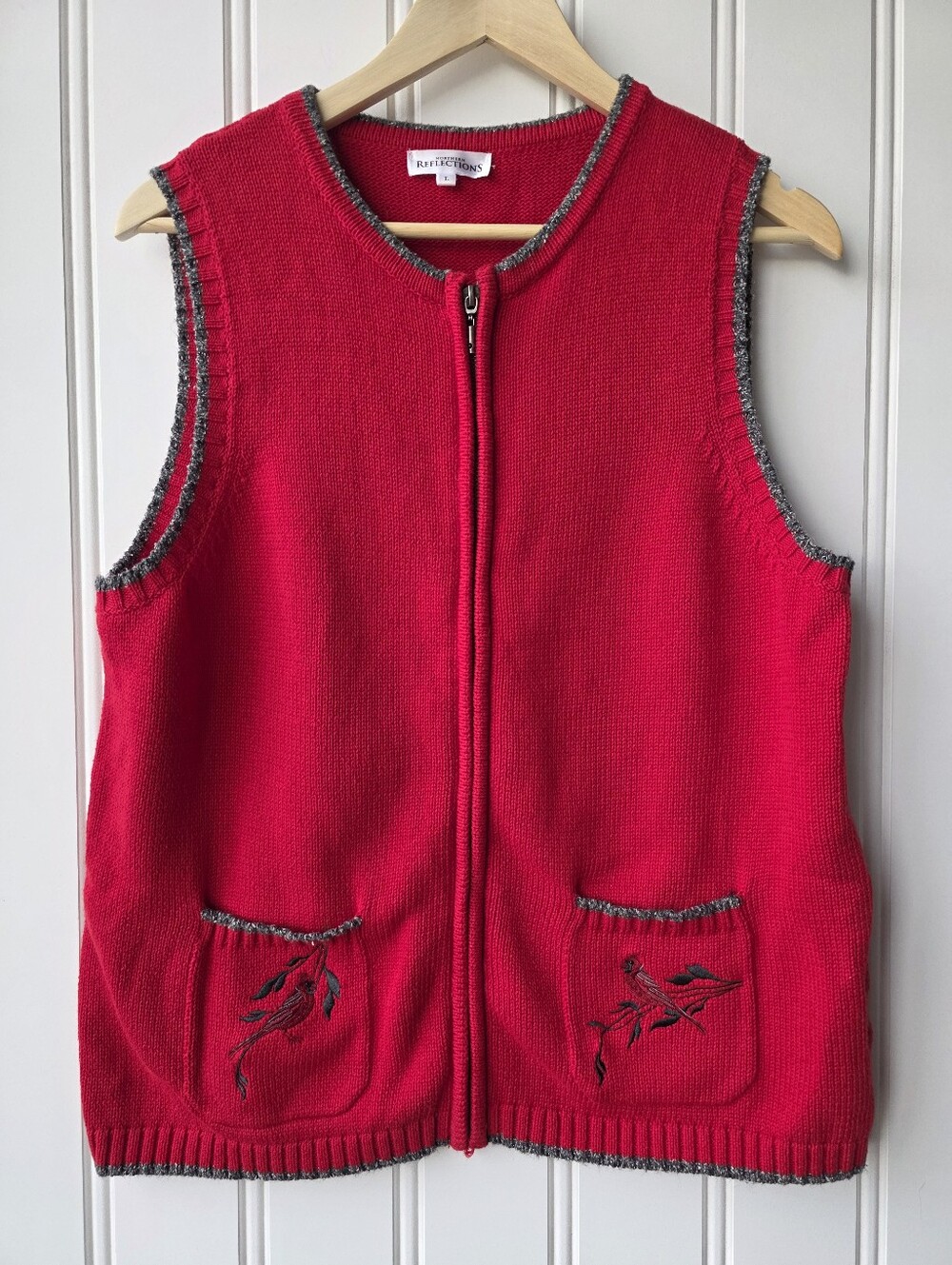Northern Reflections Red Zip Up Knit Sweater Vest Birds Cardinals Womens Large